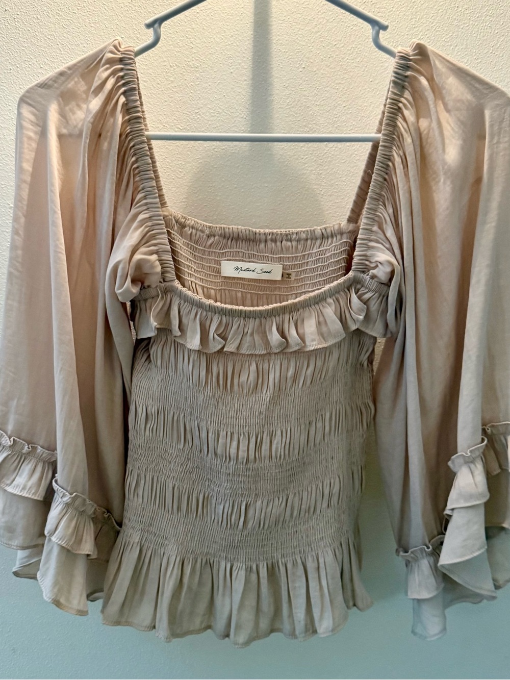Mustard seed size small Beige Smocked Ruffle Sleeve Women’s Top